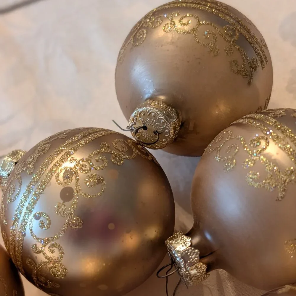 VTG Lot of 14 Rauch Glass Ornaments Champagne Gold Scroll Medium USA Christmas - Picture 5 of 8